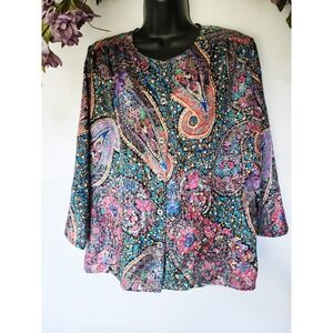 VINTAGE KORET SILK WOMENS MEDIUM MULTI COLOR PAISLEY BUTTON BLOUSE OVERSIZED 90S